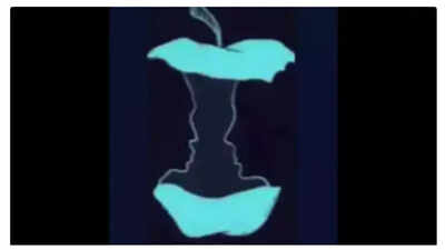 Optical illusion showing either an apple core or two faces.