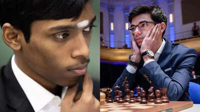 Anish Giri and R Praggnanandhaa in a split image