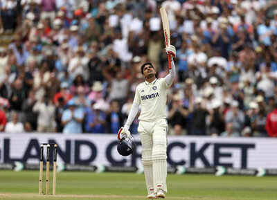 Shubman Gill celebrates his century against England.