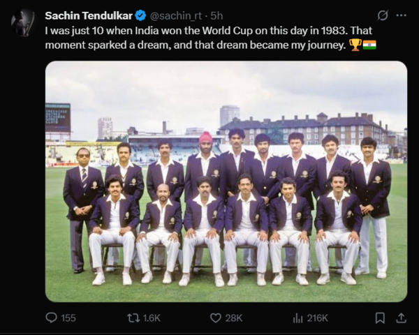 Tendulkar Credits 1983 World Cup Win for Launching Cricket Career